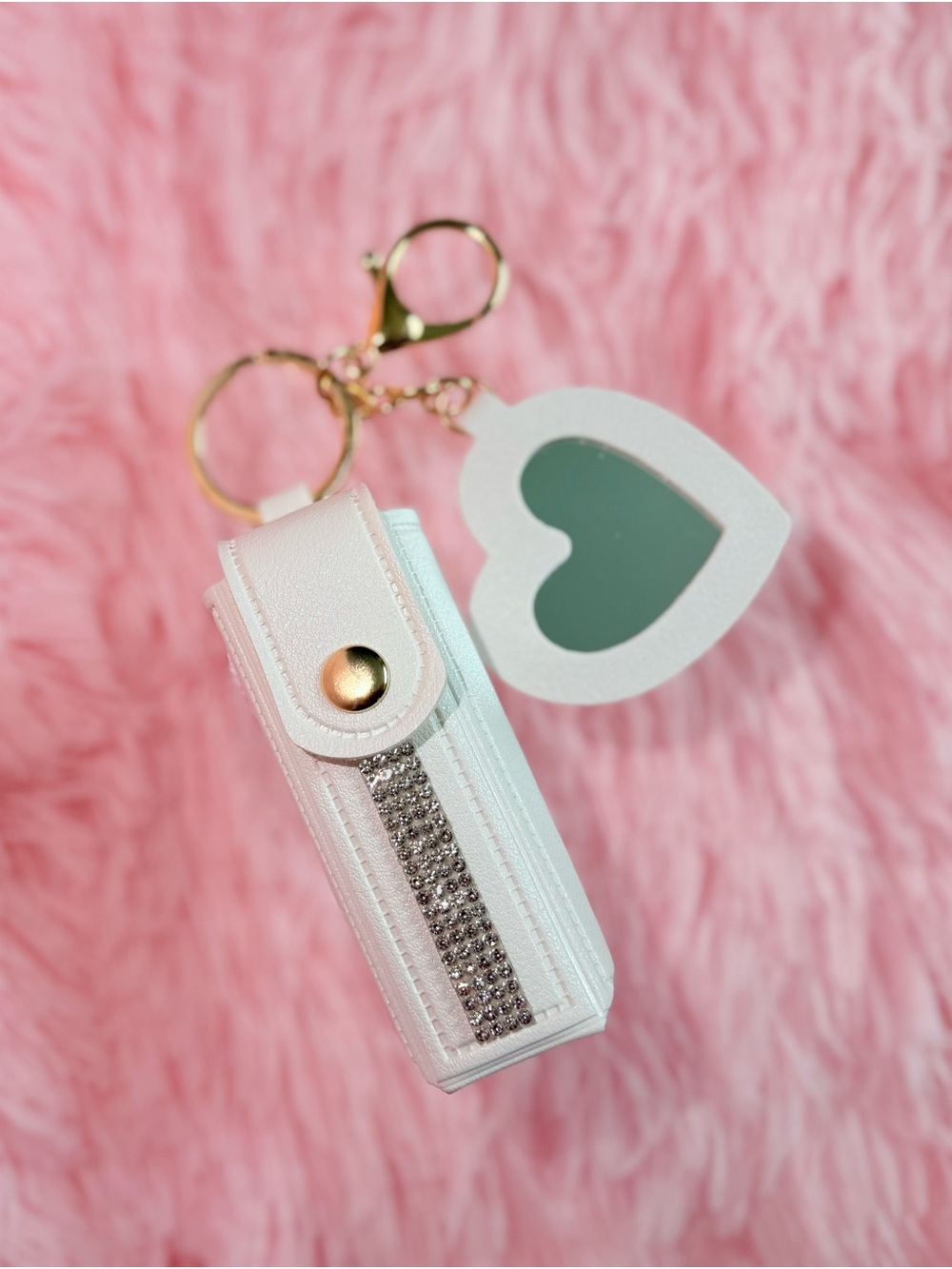 White Rhinestone Lipstick Case Keychain with Heart Charm
